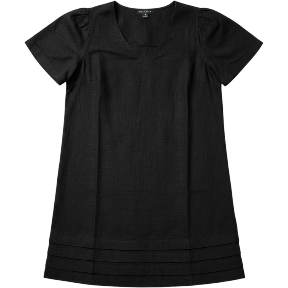 Nicole Miller Original Black Linen Blend V-Neck Puff Sleeve Pintuck Shift Dress